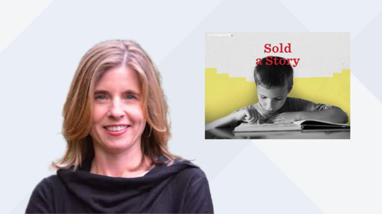 Emily Hanford's headshot alongside the cover photo for Sold A Story, which features a black and white photo of an elementary aged boy reading a book.