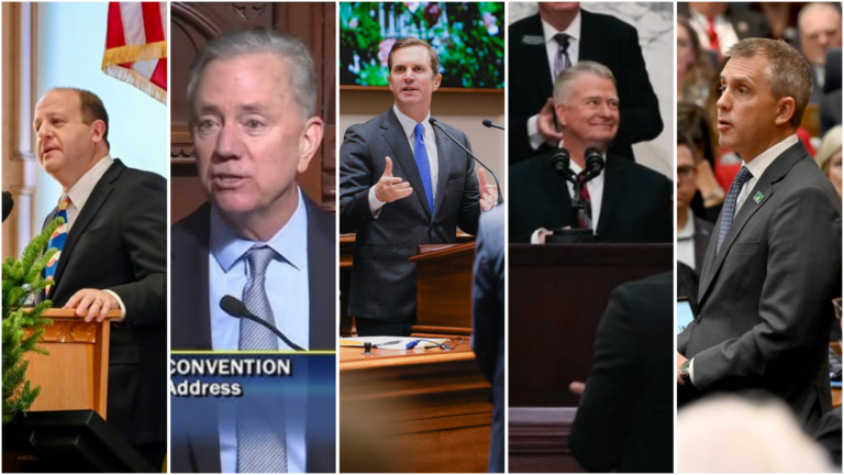 Governors Jared Polis (Colorado), Ned Lamont (Connecticut), Andy Beshear (Kentucky), Brad Little (Idaho), and Kelly Armstrong (North Dakota) delivering their 2025 State of the State addresses, focusing on education priorities, workforce development, and state goals.