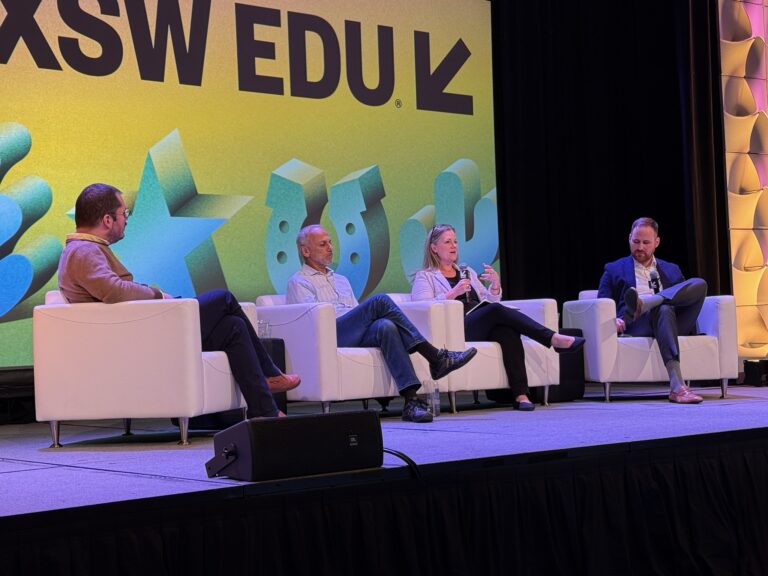 SXSW EDU panel discussion with four speakers on white chairs discussing education innovation
